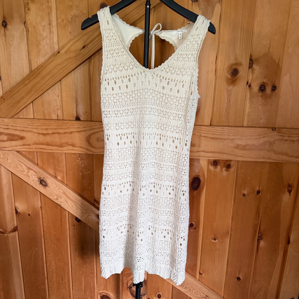 Maurices Crochet Knit Dress Womens Medium Cream Boho Open Back Tassel Tie Lined